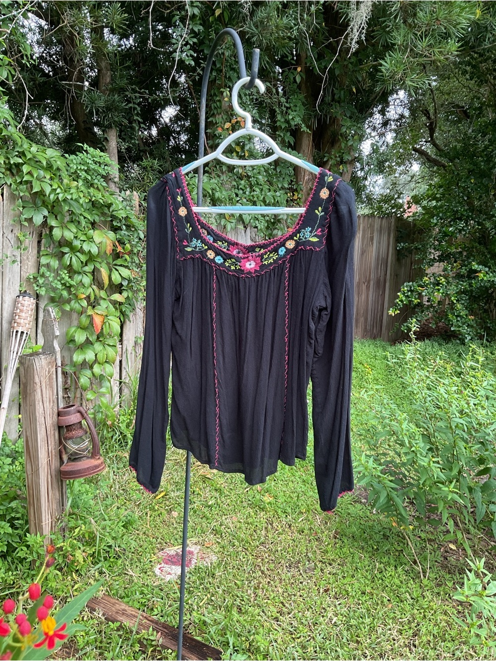 Black Embroidered Peasant Top with Floral Yoke